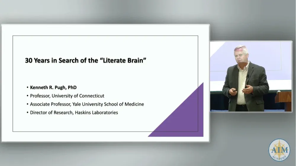 Presentation slide titled '30 Years in Search of the 'Literate Brain' by Kenneth R. Pugh, PhD.