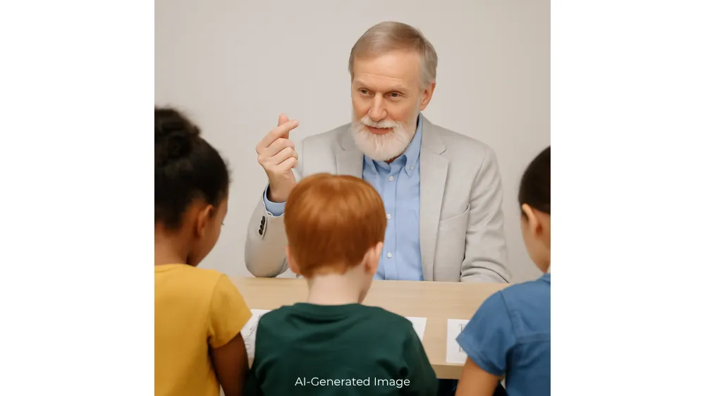 A teacher snaps his fingers while three students look at a worksheet.