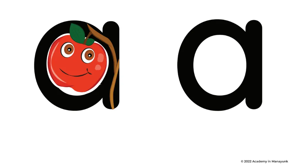 An apple inside the letter 'a.'