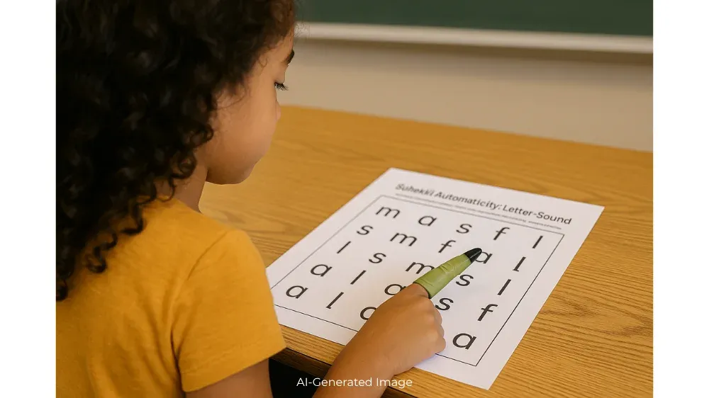 A young girl is pointing at a worksheet of letters with her pointer finger, which is wearing a green plastic witch finger.