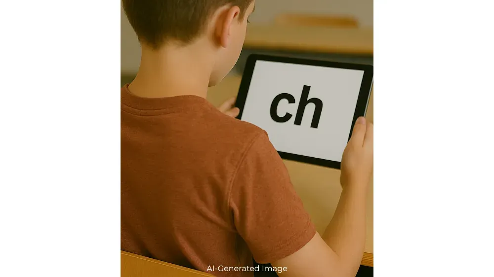 A young boy holds a tablet displaying the letters 'ch'.