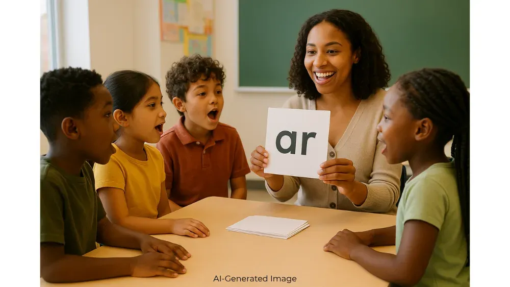 Teacher holds up card with 'ar' while students watch attentively.