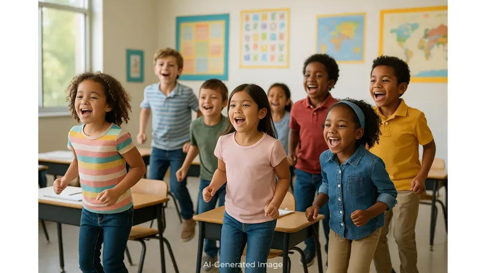 A group of elementary school children are excitedly jumping in a classroom setting.