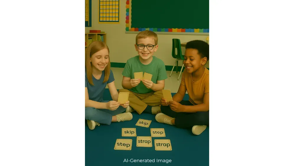 Three elementary school students laugh while playing a card game with word cards.