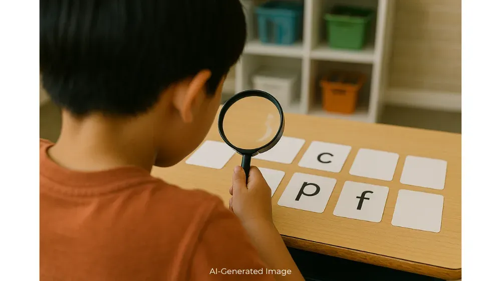 A young boy uses a magnifying glass to examine letter cards on a table.