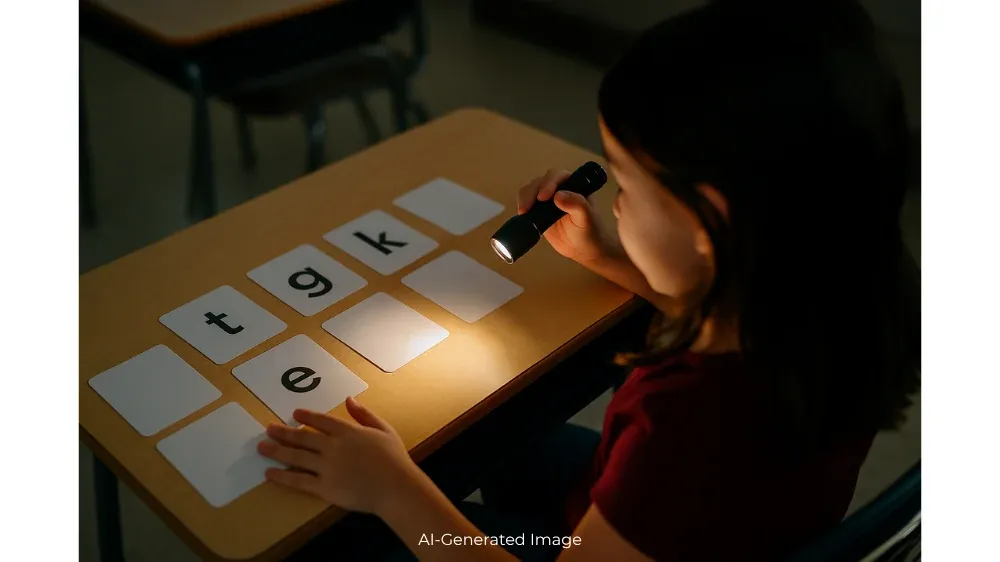 A young girl uses a flashlight to illuminate letter tiles on a desk.