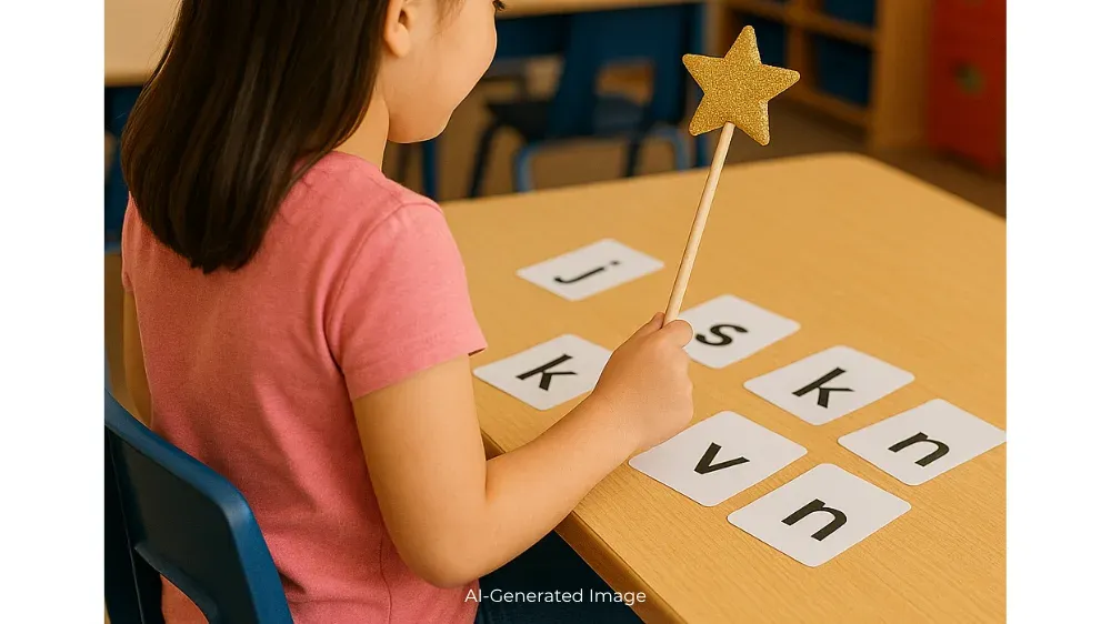 A young child holds a star wand over letter cards arranged on a table.