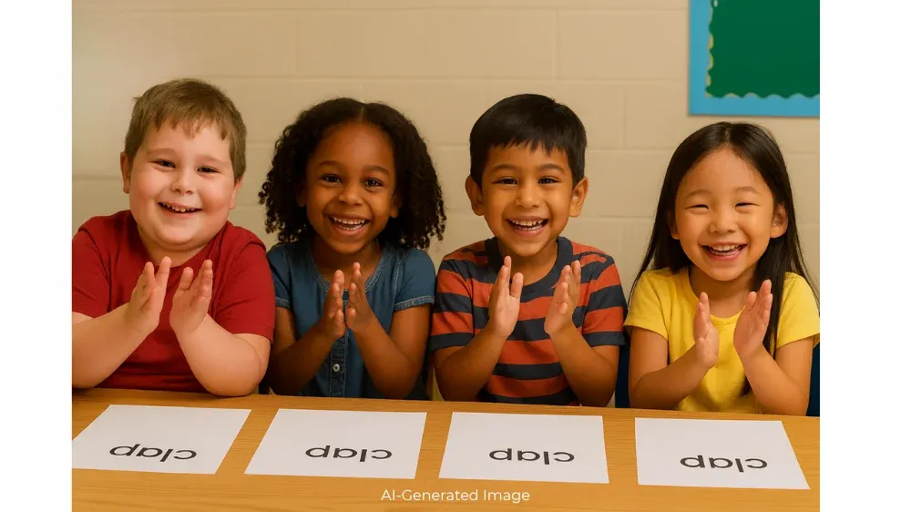 Four smiling children are sitting at a desk, clapping their hands. Each child has a card in front of them with the word "clap" written on it.