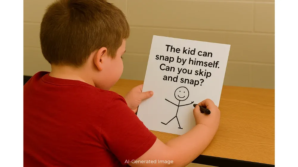A young boy in a red shirt draws a stick figure on a sheet of paper that reads, "The kid can snap by himself. Can you skip and snap?"