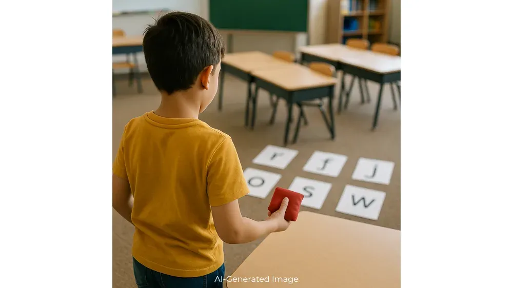 A young boy holds a bean bag while facing 6 large letter tiles on the floor.
