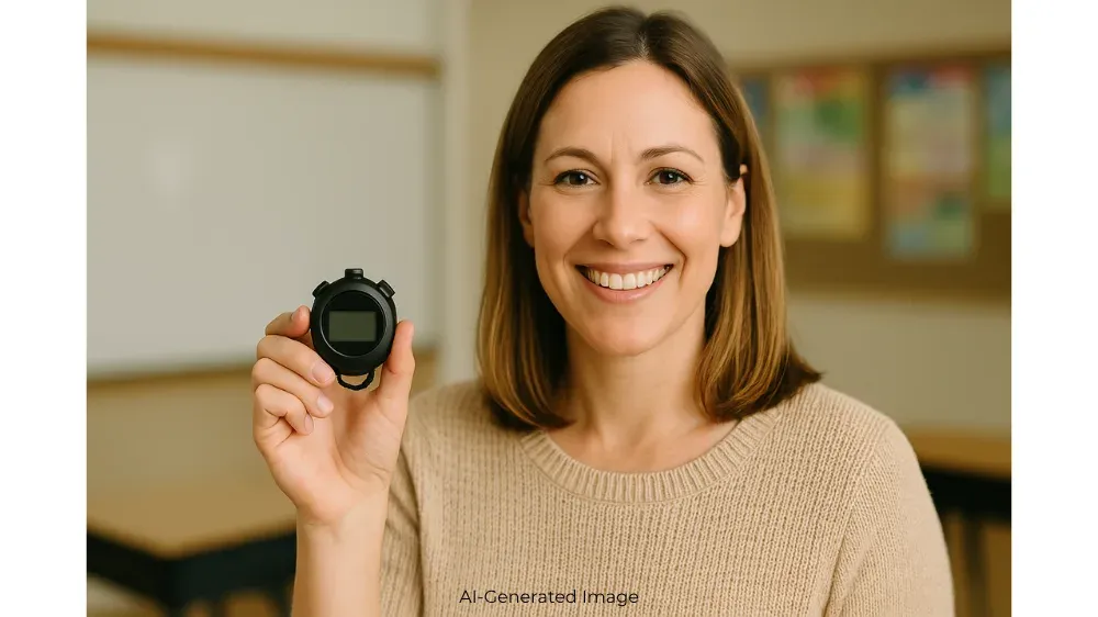 Smiling teacher holds a black stopwatch in her hand.
