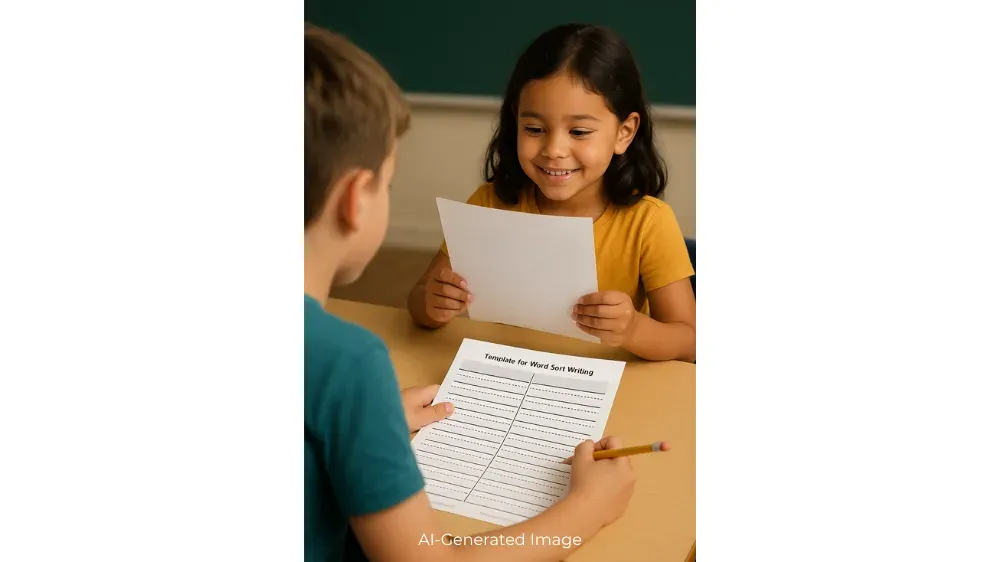 A boy and a girl sit at a desk, looking at a word sorting worksheet.