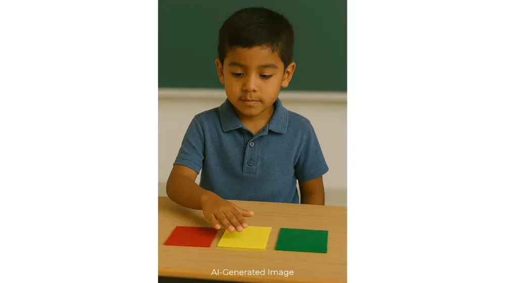 A young boy in a blue shirt reaches for colored blocks on a desk.
