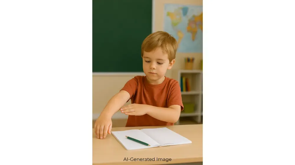 A young boy sits at a desk with an open notebook and pencil.