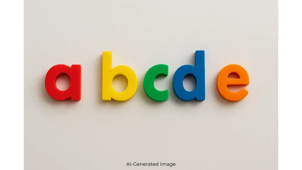 Colorful lowercase foam letters a, b, c, d, and e arranged in a line.