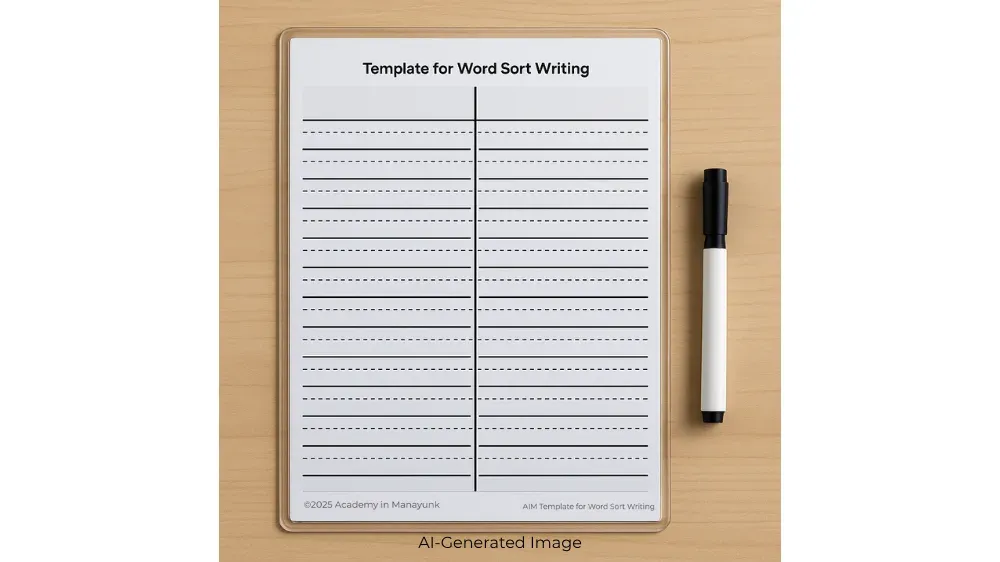 A blank template for word sorting with lines and dots for handwriting practice.