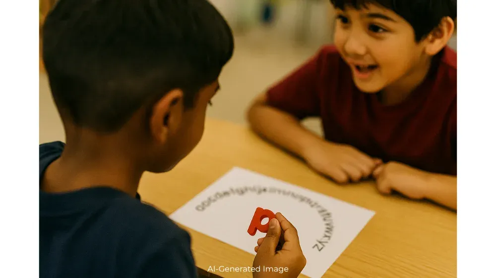 Two young boys are sitting at a table, one holding a red letter p while looking at an alphabet arc..