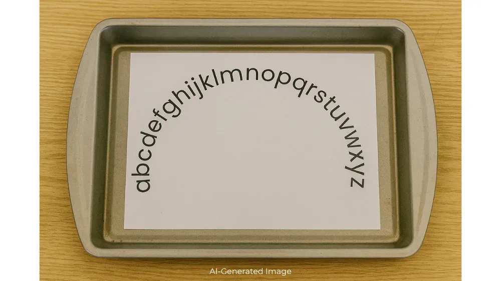 The alphbet arc is printed and placed on a cookie sheet.