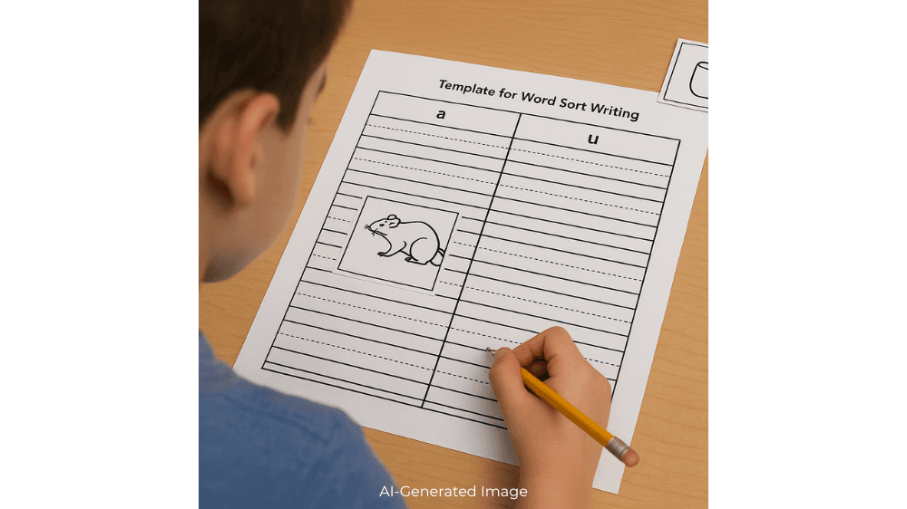 A student is writing on a worksheet with a picture of a rat under the 'a' column.