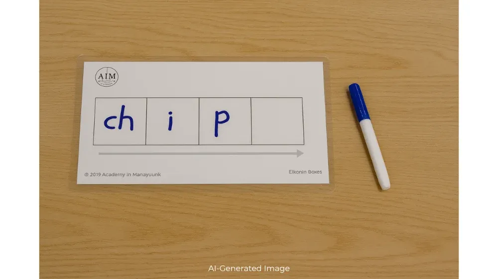 A laminated flashcard with the letters 'c', 'h', 'i', 'p' written on it in sound boxes, next to a blue marker.