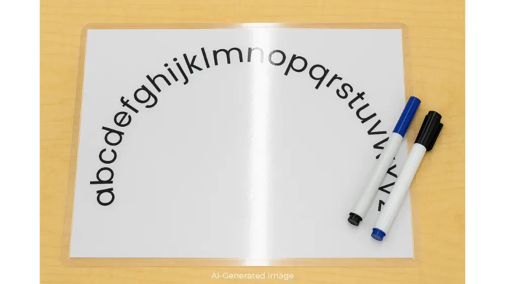 The alphabet arc is printed and laminated. 2 dry erase markers lay on top of it.