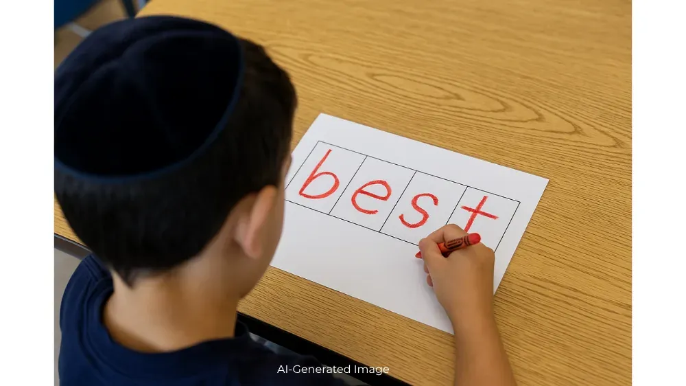 A young boy writes the word "best" on a piece of paper divided into four sound boxes.