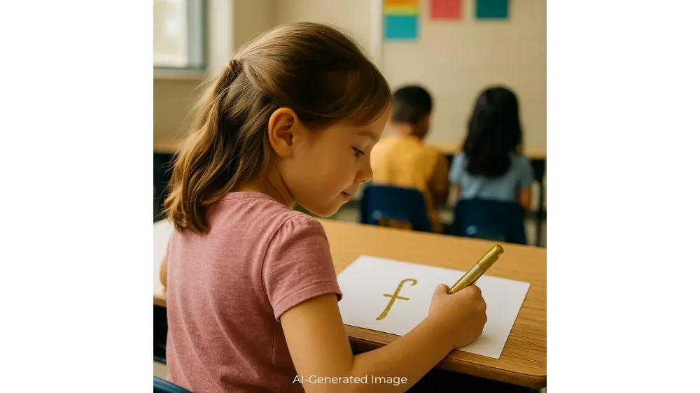 Young girl practices writing the letter 'f' on a piece of paper with a glitter marker in a classroom.