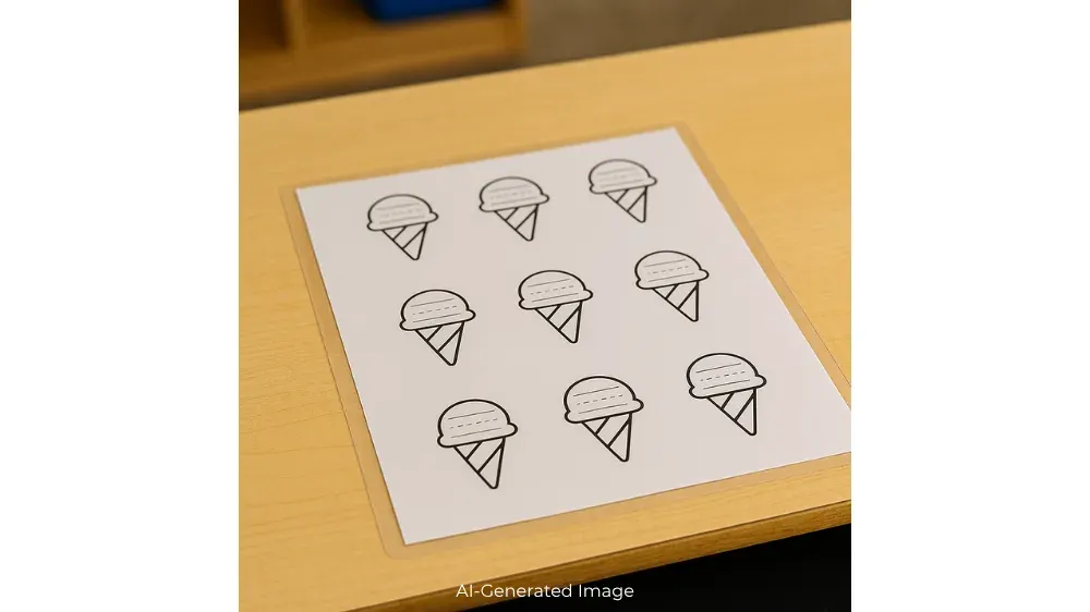 A sheet of paper with a grid of nine hand-drawn ice cream cones.