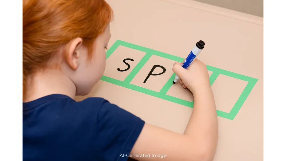 A young child writes with a dry erase marker on her desk, in sound boxes made out of painter's tape.