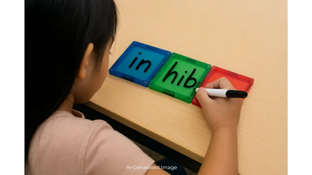 A young girl writes the word 'inhibit' on colorful letter tiles.