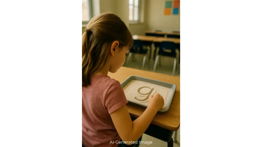 Young girl traces the letter 'g' in a tray of sand at her desk.