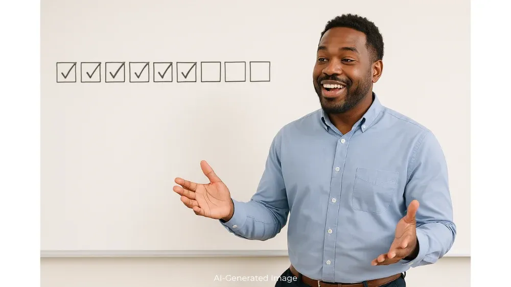 A teacher stands in front of a whiteboard with seven checked boxes.