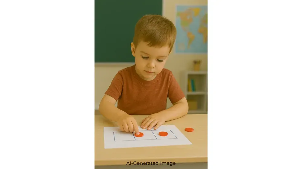 Young boy placing red circular tokens on a worksheet with drawn circles.