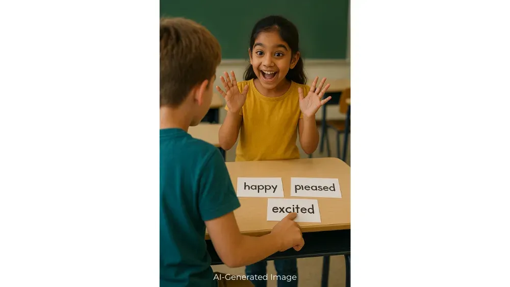 A boy reaches for a card that says 'excited' based on the expression his classmate makes, rather than 'pleased' or 'happy.'