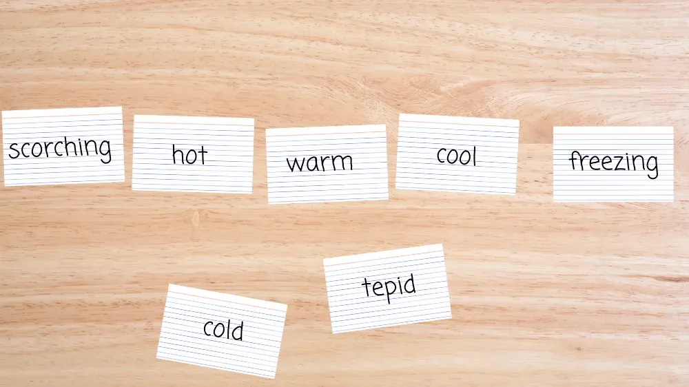 A partially ordered semantic gradient is displayed with index cards on a desk.