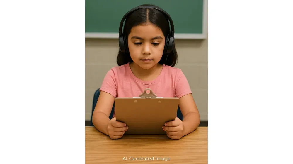 Young girl wearing headphones looks down at a clipboard on her desk.