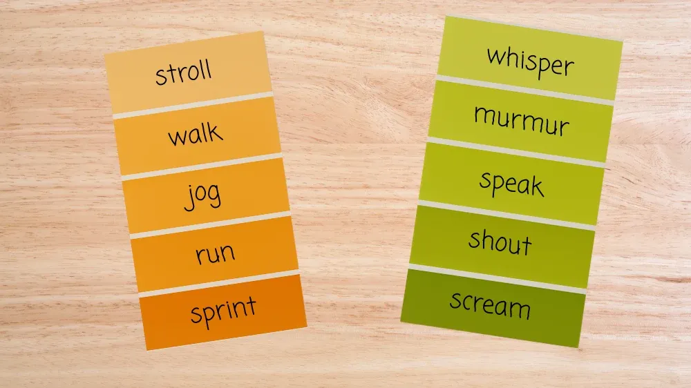 2 examples of semantic gradients are written on paint chips, with the most intense words written on the darkest shades.