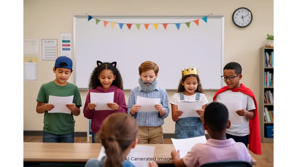 Five children dressed in costumes stand at a whiteboard reading off papers.