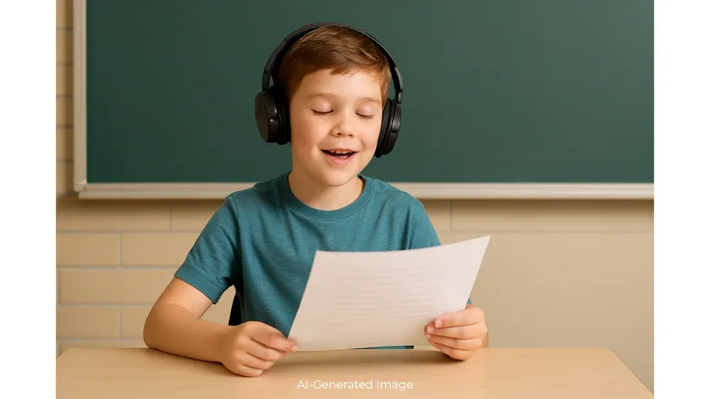 A young boy wearing headphones reads a paper while sitting at a desk in front of a green chalkboard.