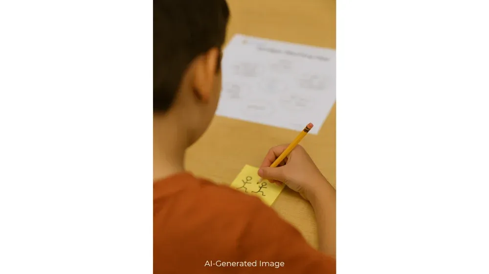 A boy draws on a yellow sticky note with a pencil. A copy of a multiple meaning map is on his desk. 