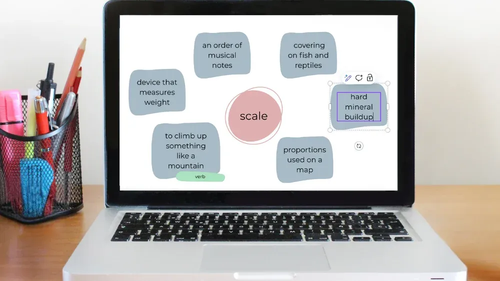 A laptop displays a digital multiple meaning map in the process of being created