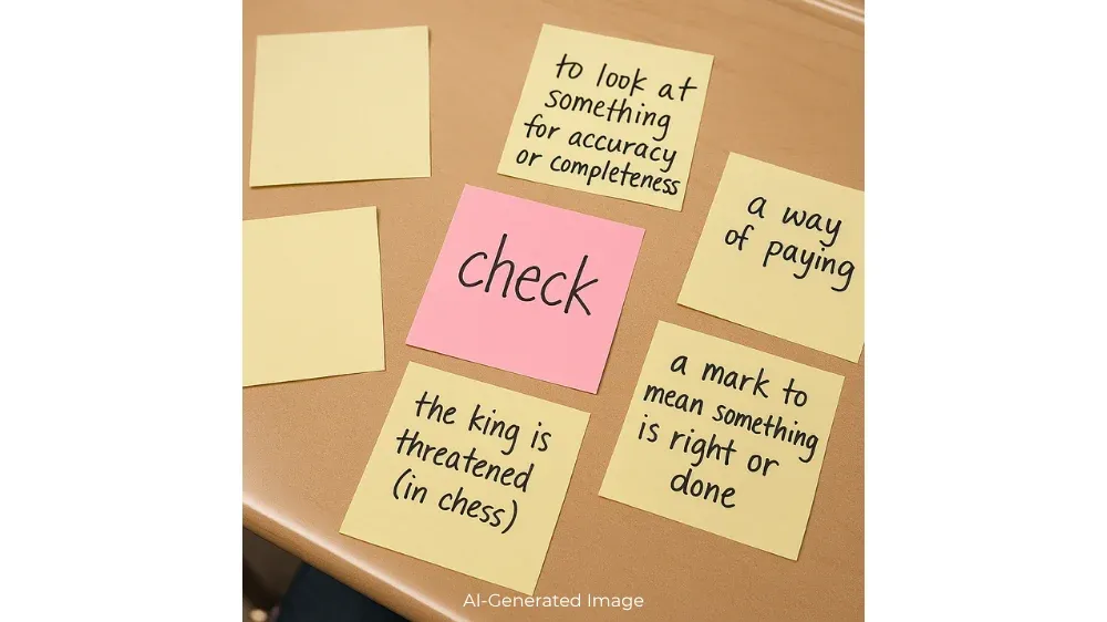 A multiple meaning map is half completed, made out of sticky notes on a student desk. 