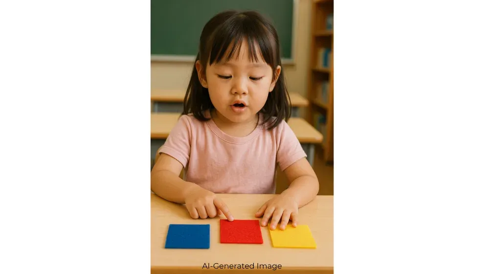 A young Asian girl thoughtfully looks at three colored squares: blue, red, and yellow, arranged on a desk.