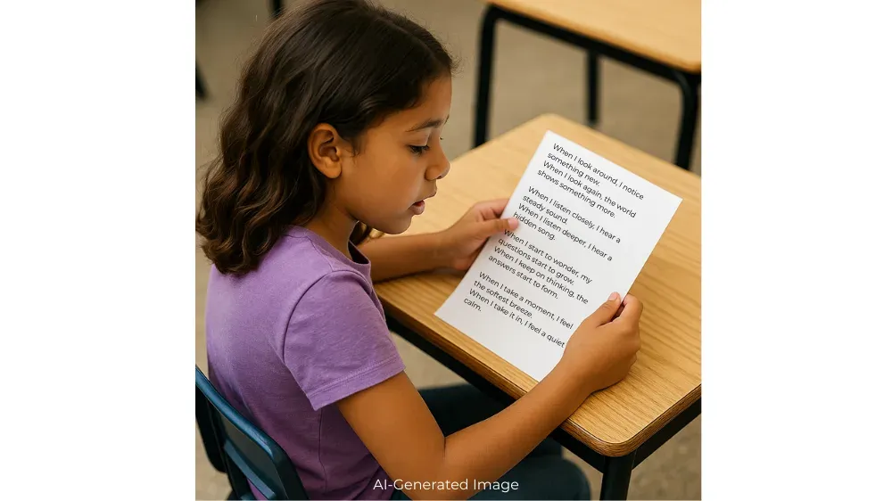A young girl with dark hair sits at a wooden desk in a classroom, reading a printed poem.