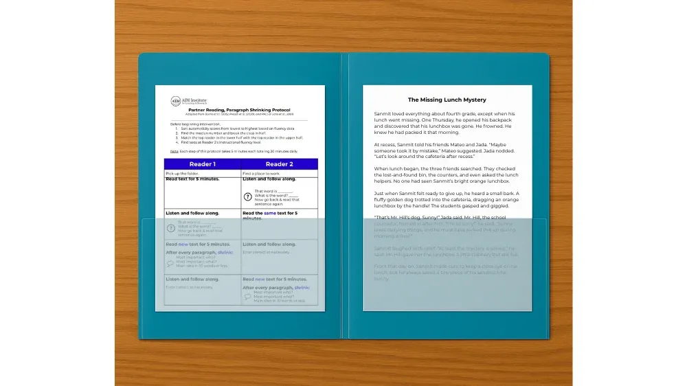 An open turquoise folder on a wooden desk, displaying two documents inside.