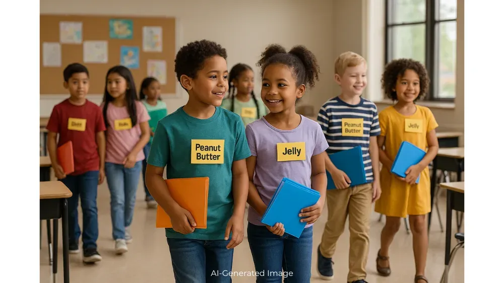 Elementary students, some with "Peanut Butter" and "Jelly" tags, walk in pairs holding folders.