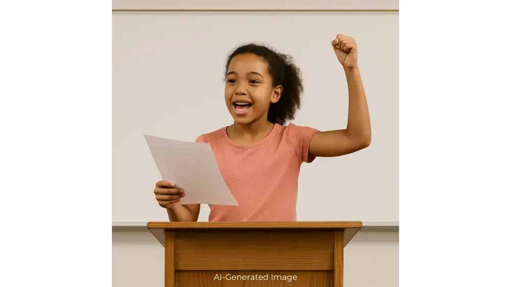 A young girl speaks at a podium, holding a paper and raising her fist.