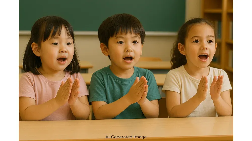 Three young children sit at a desk with their mouths open and hands clasped.