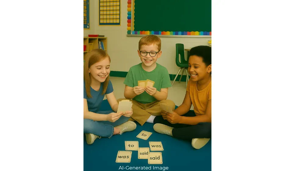 Three smiling children sitting on the floor playing a card game with word cards.