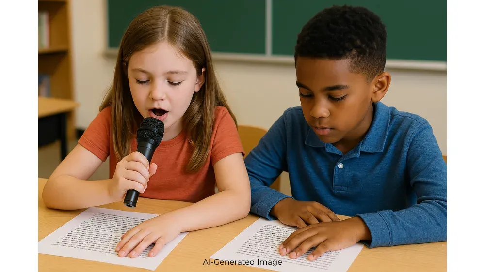 Two students sit next to each other looking at text that is printed on a sheet of paper. The girl reads aloud, holding a toy microphone, while the boy follows along on his copy of the text.